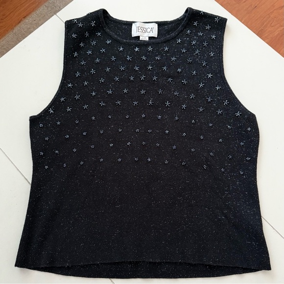 JESSICA Black Shimmer Knit Tank Top Flower Star Beaded Sleeveless Embroidered - Picture 2 of 5